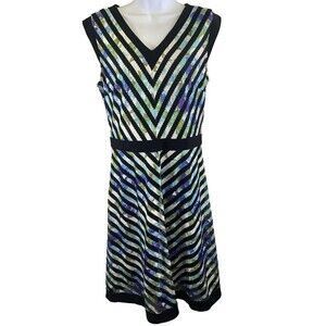 Joseph Ribkoff Women's 12 Dress Floral Geometric Eyelet Lined V Neck Sleeveless